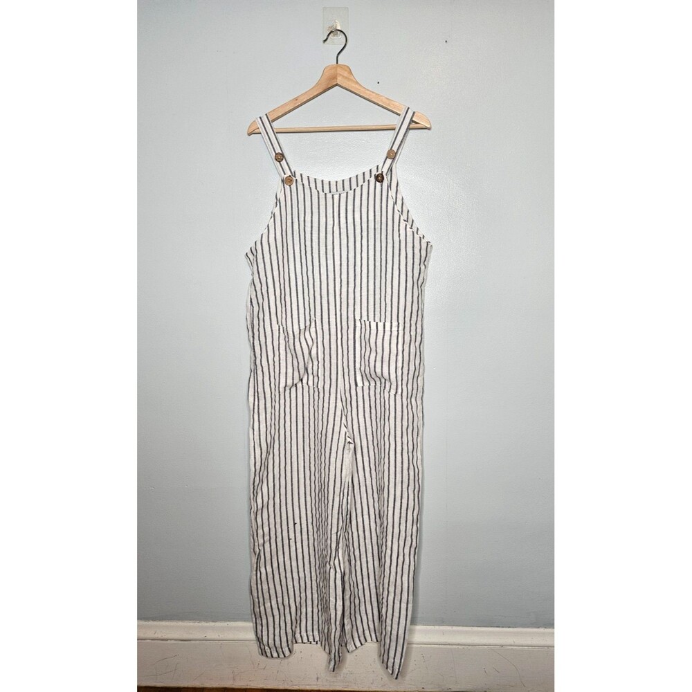 TEMPO PARIS Striped Linen Jumpsuit Overalls S/M Wide Leg Cropped Lightweight